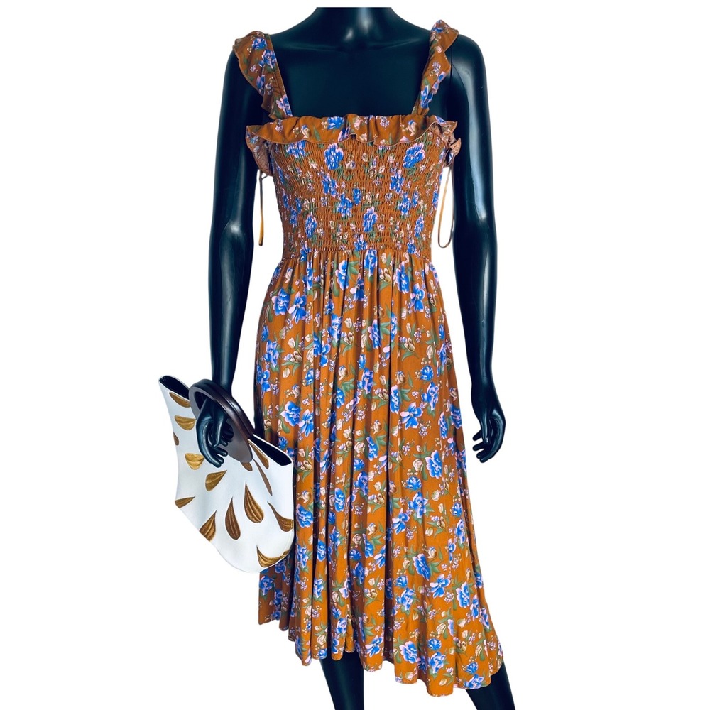 Natural Life Women Midi Dress Rayon Floral Medium Megan Smocked Boho Brown
